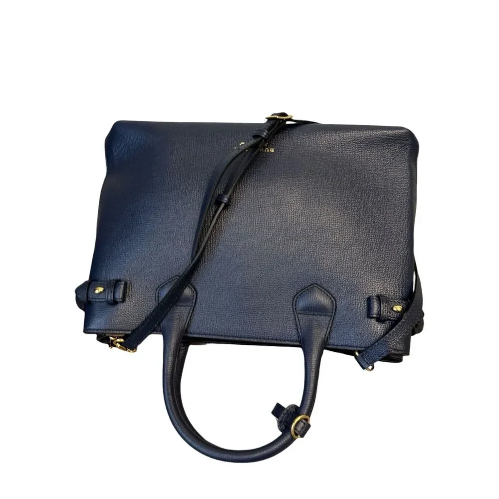 Burberry Navy Blue Saffiano Pebbled Leather Nova Check 2way Banner Satchel Ex+